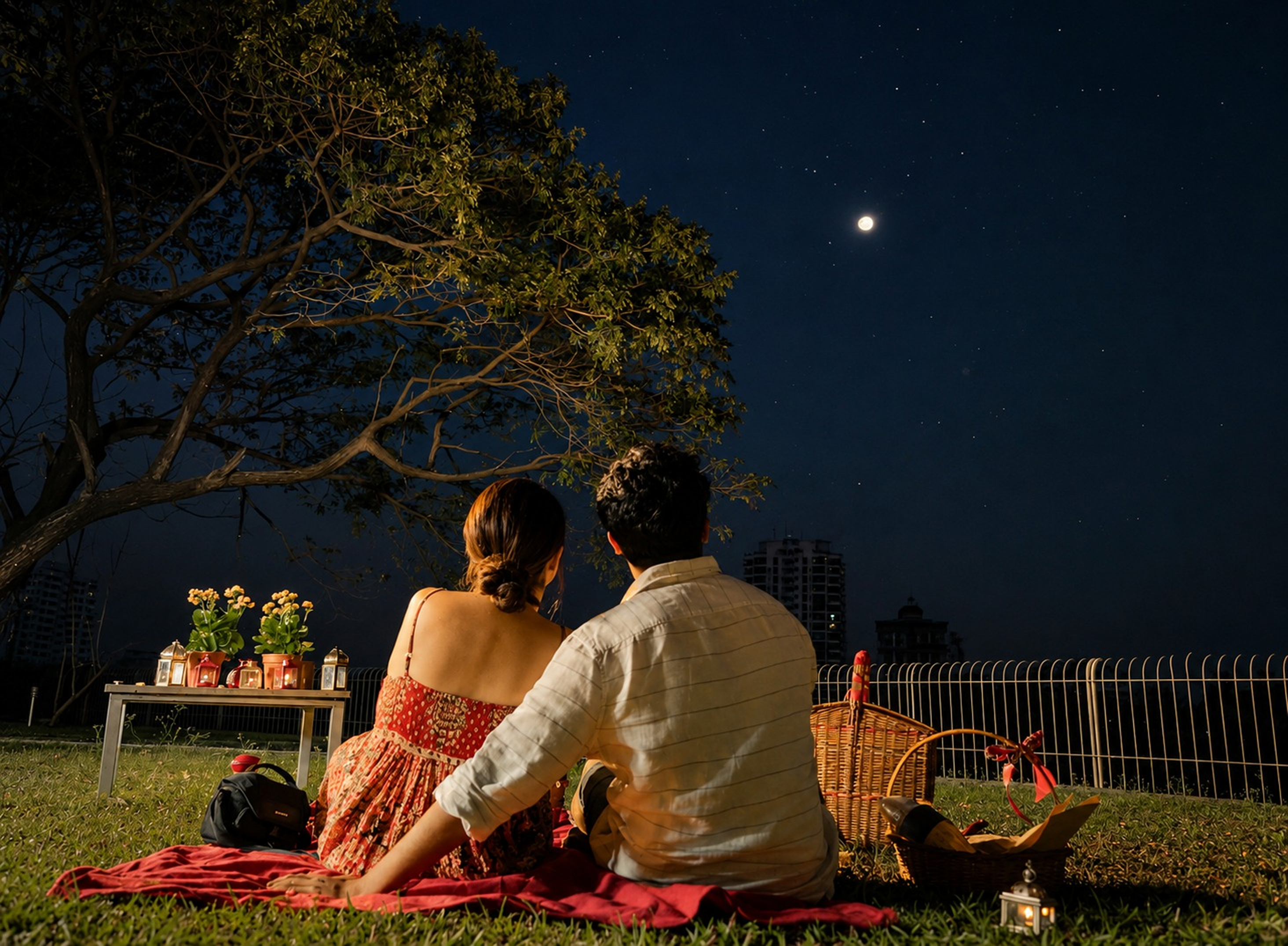 A couple sharing a quiet evening picnic beneath a tree